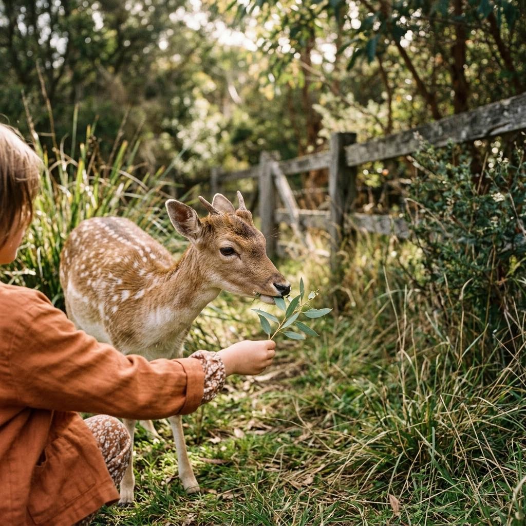 A child meeting a deer at an animal encounter